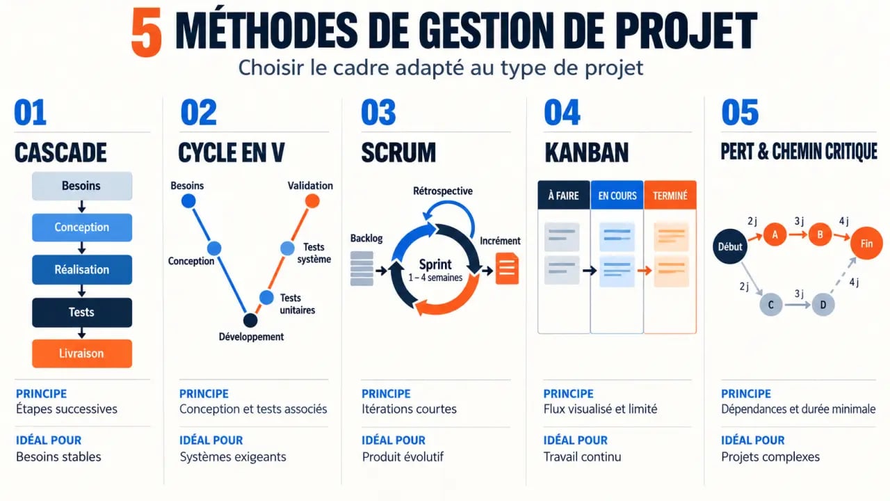 Méthode de gestion de projet : infographie des approches cascade, cycle en V, Scrum, Kanban et PERT