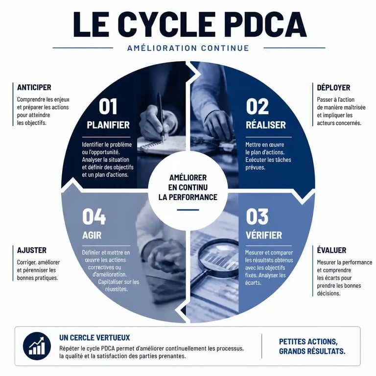 Schéma du cycle PDCA pour le lean management et l'amélioration continue
