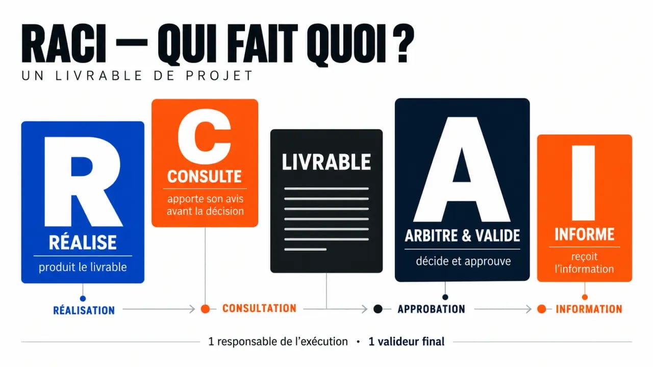 Gestion de projet RACI : visuel des rôles Responsible, Accountable, Consulted et Informed