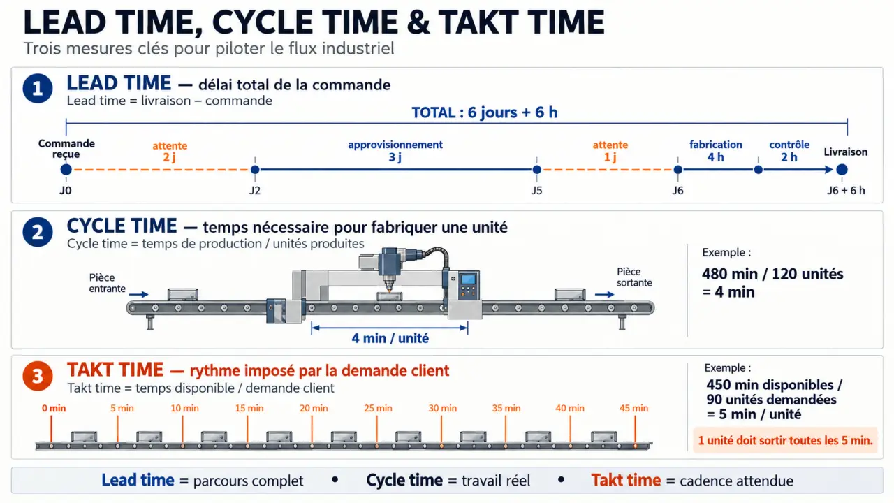 Infographie sur le time lead, le cycle time et le takt time en production industrielle
