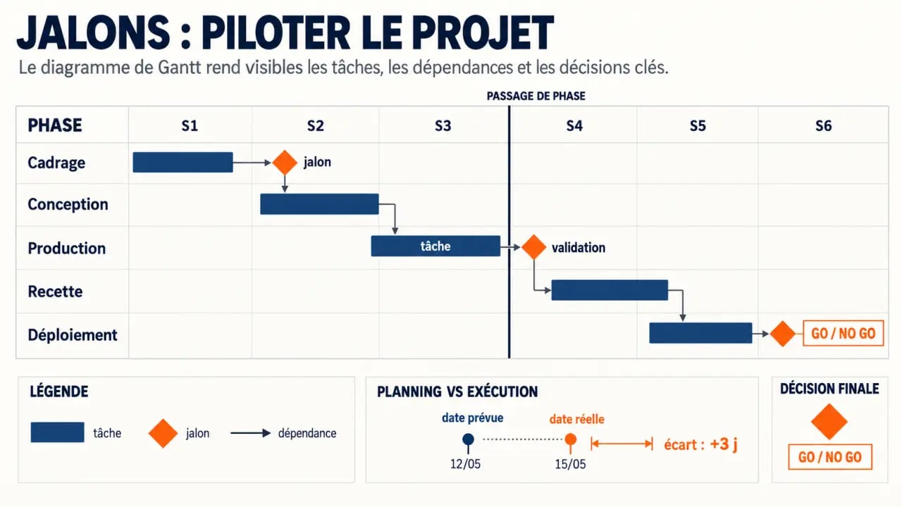 Jalons gestion de projet représentés dans un diagramme de Gantt avec tâches, dépendances et validations