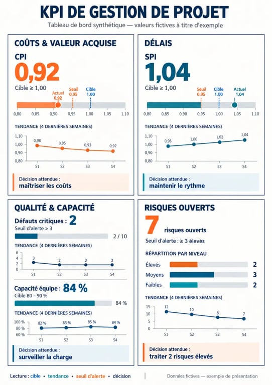 Infographie sur les KPI de gestion de projet : CPI, SPI, qualité, capacité et risques