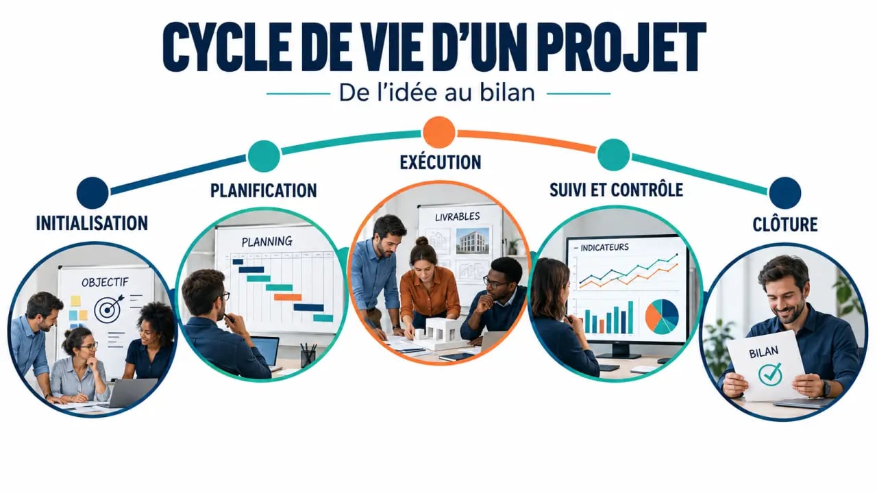 Schéma des cinq étapes pour apprendre la gestion de projet