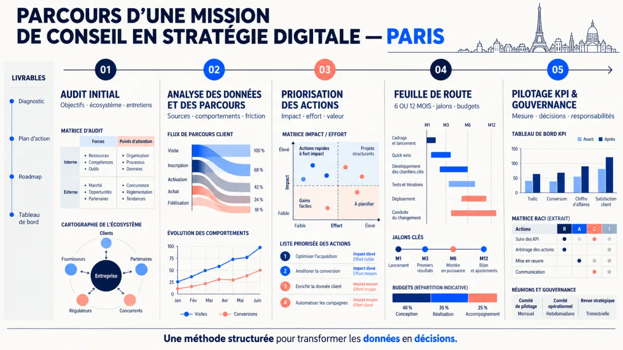 Feuille de route d'un consultant en stratégie digitale à Paris, de l'audit au pilotage par KPI
