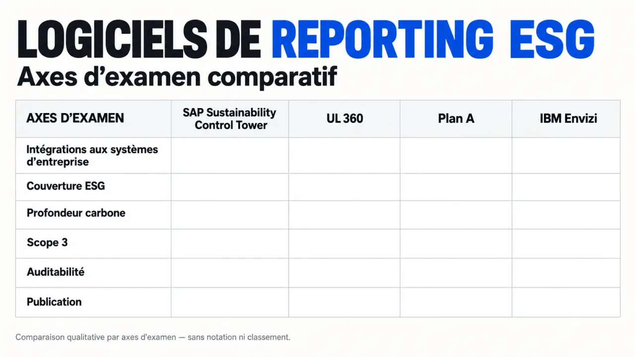 Infographie comparative des solutions de logiciel de reporting ESG SAP, UL 360, Plan A et IBM Envizi