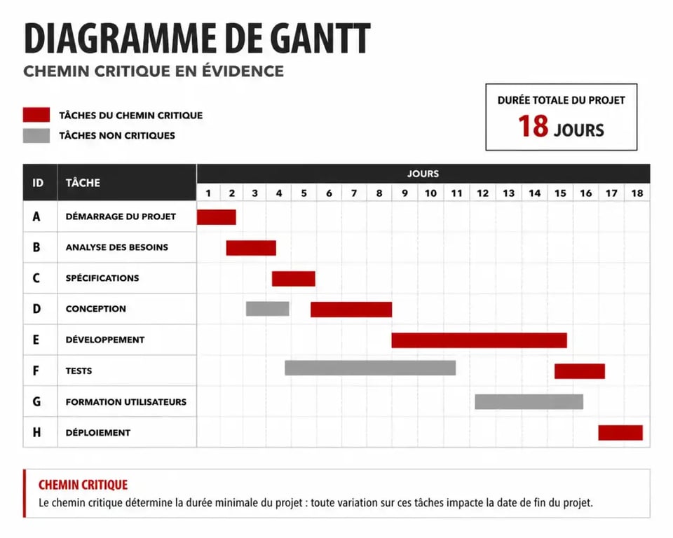 Illustration du chemin critique dans un planning de gestion de projet
