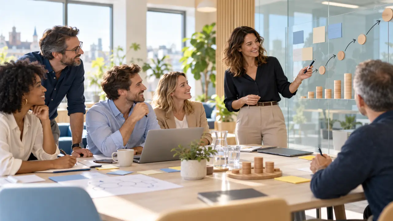 Équipe réunie autour d'un tableau de travail pour planifier une transformation agile