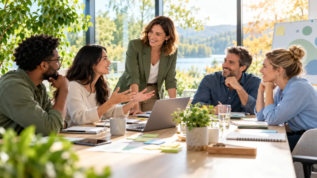 Équipe collaborative travaillant sur une transformation agile dans un bureau lumineux