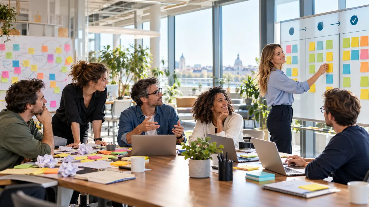 Équipe agile collaborant autour d'un tableau de projet dans un bureau lumineux