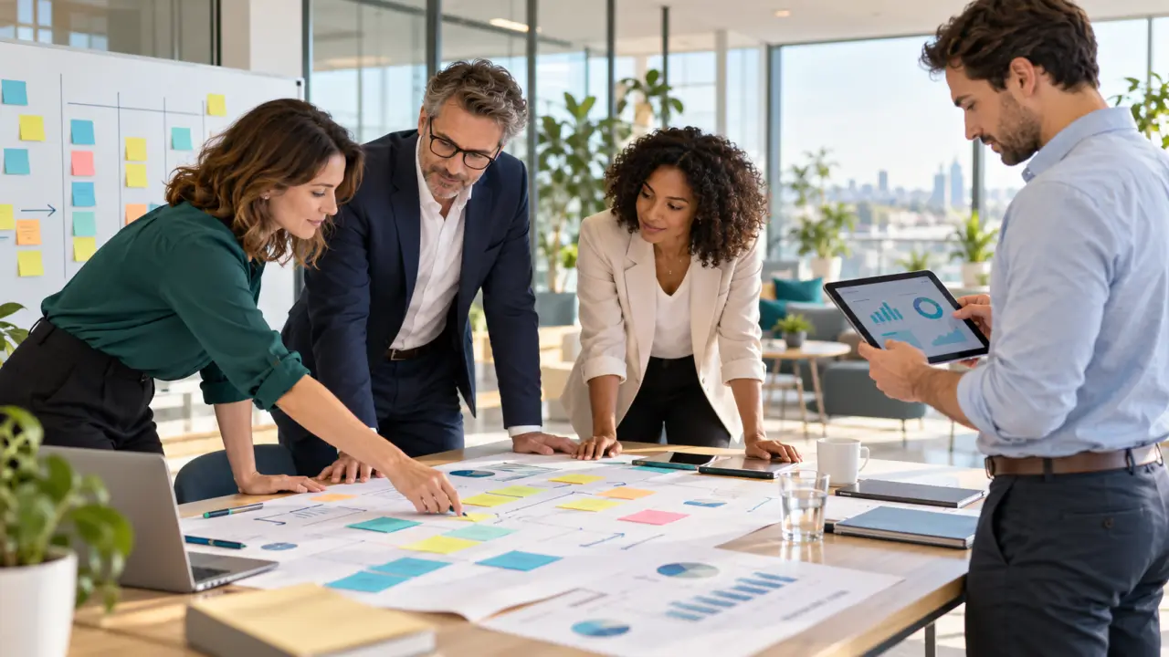 Équipe réunie autour d'un tableau de travail pour piloter une transformation agile