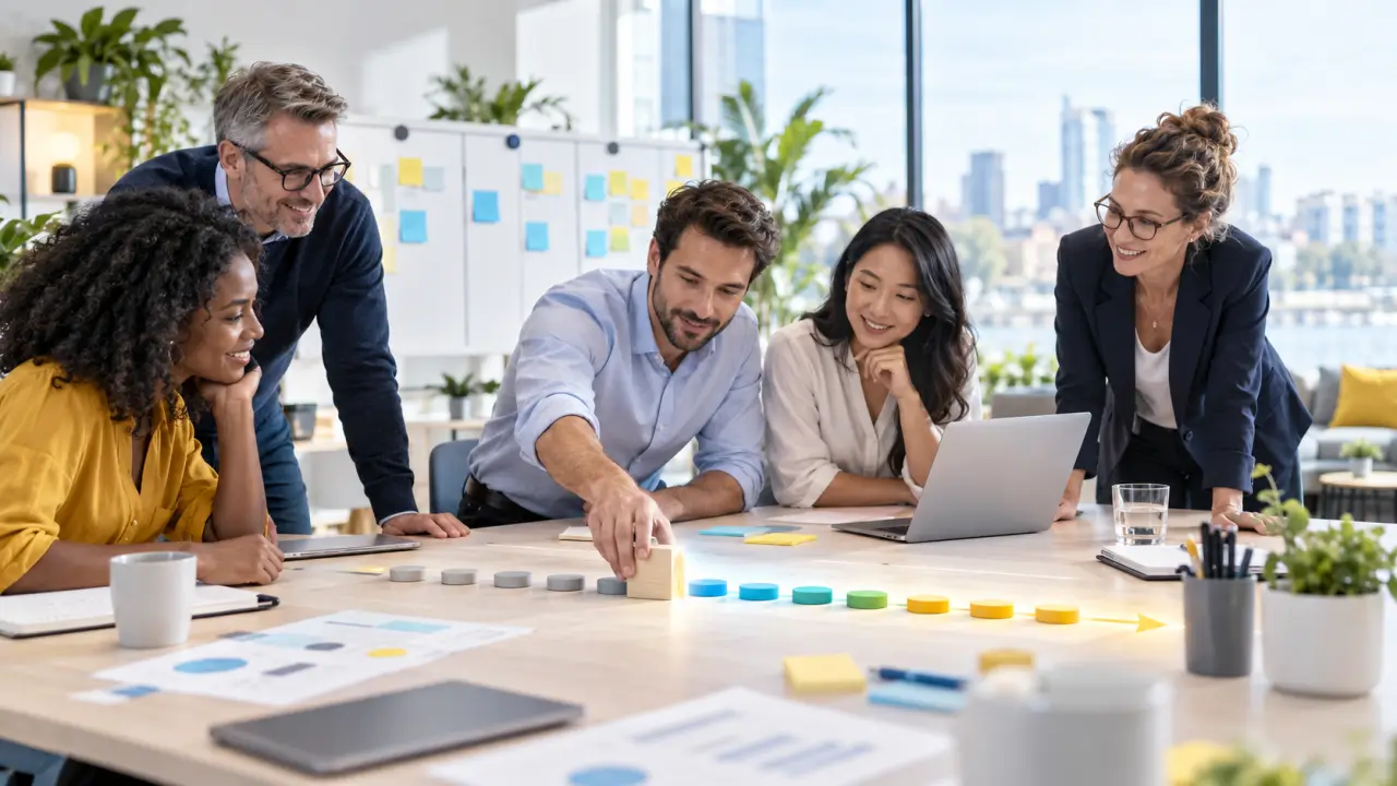 Équipe projet réunie autour d'un tableau agile dans un bureau lumineux