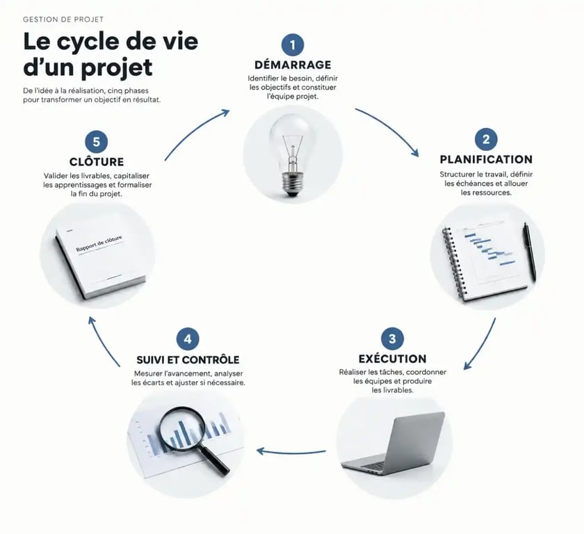 Schéma des cinq phases de la gestion de projet du démarrage à la clôture