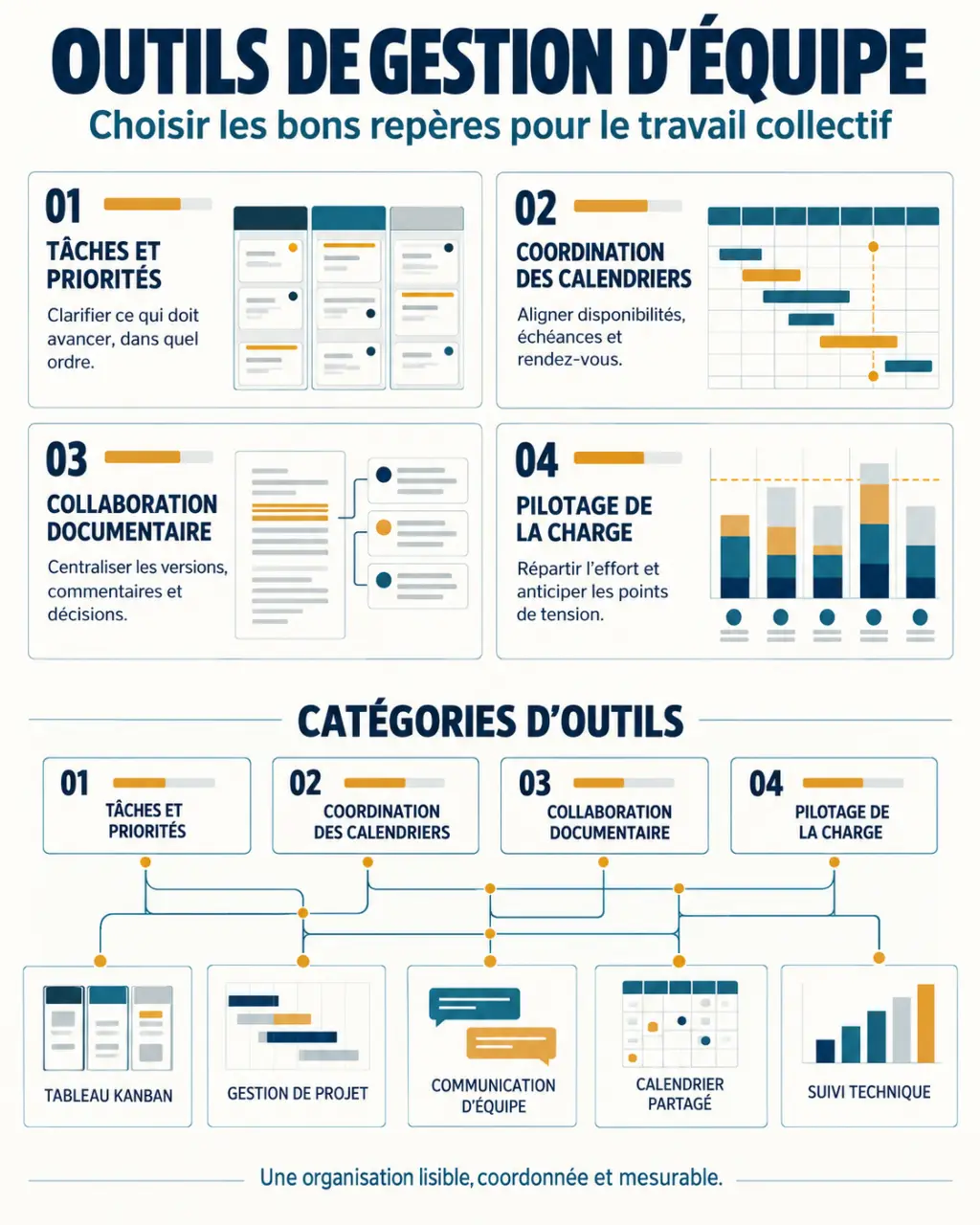 Outils de gestion d'équipe classés par besoins : tâches, coordination, collaboration et pilotage