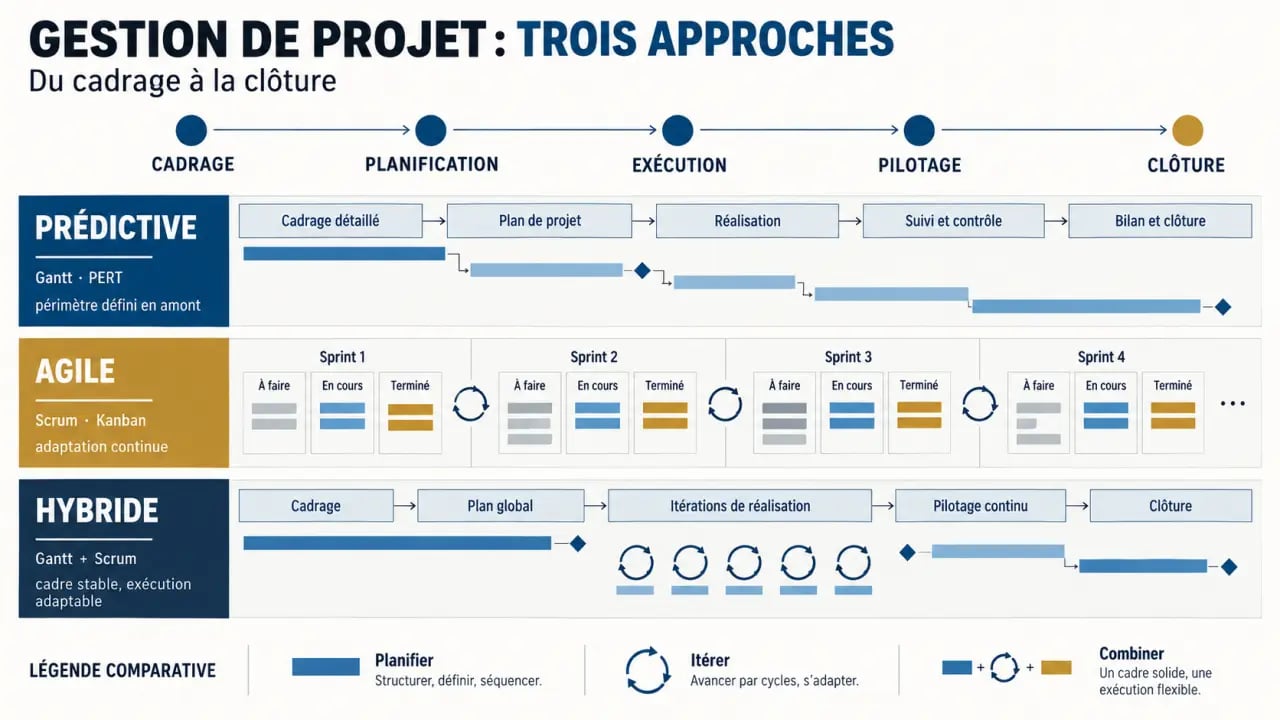 Infographie sur une formation sur la gestion de projet comparant les méthodes prédictive, agile et hybride