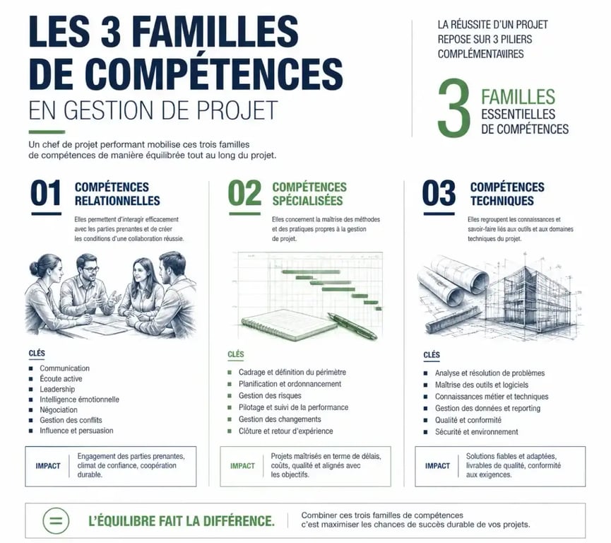 Les trois familles de compétences de gestion de projet : relationnelles, spécialisées et techniques