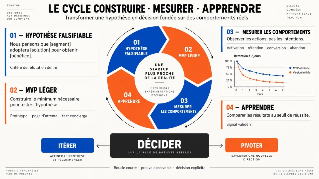 Méthode Lean Startup avec framework AgileStart : cycle Build-Measure-Learn et décision de pivot