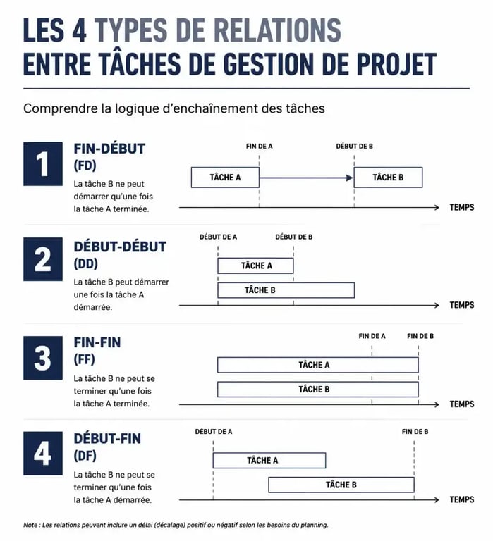 Schéma des types de liens entre tâches pour un planning de gestion de projet