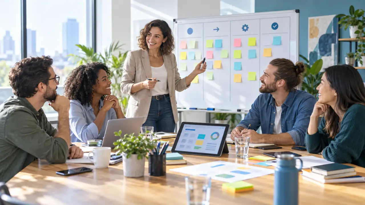Équipe agile collaborant autour d’un tableau rempli de post-its dans un bureau lumineux