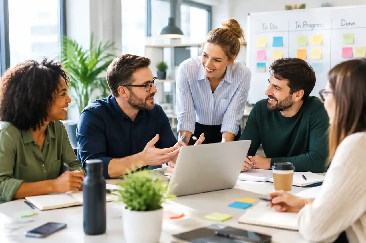 Équipe en atelier de travail autour d'un tableau agile dans un bureau lumineux