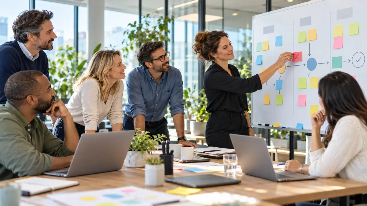 Équipe en atelier agile analysant les étapes d'une transformation d'entreprise