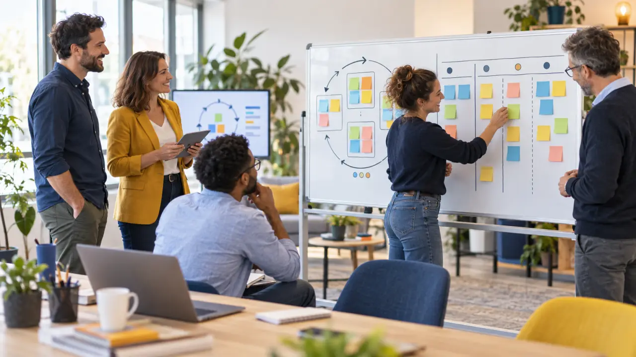 Équipe de PME collaborant autour d'un tableau agile dans un bureau lumineux