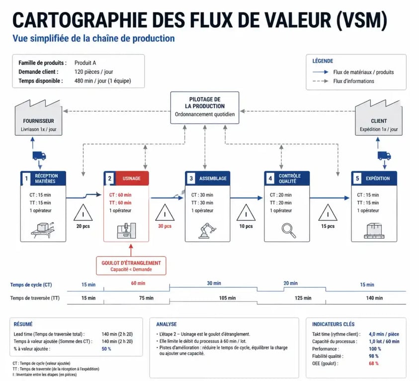 Cartographie VSM pour l'analyse des outils lean management