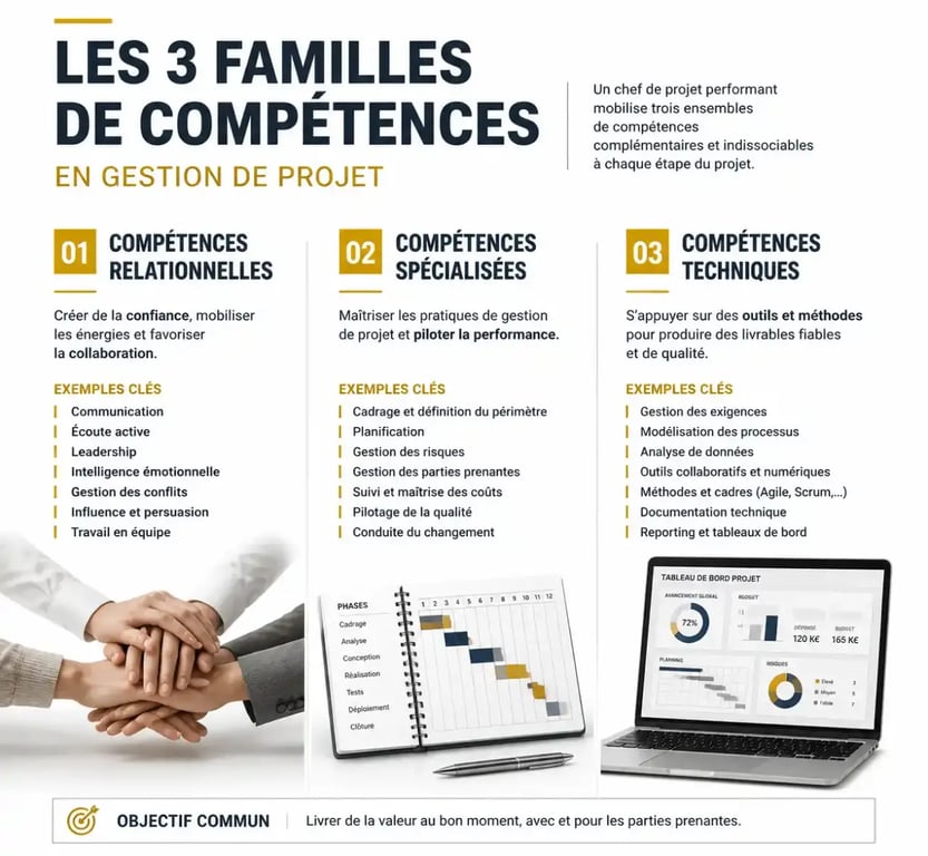Les trois familles de compétences de gestion de projet : relationnelles, spécialisées et techniques