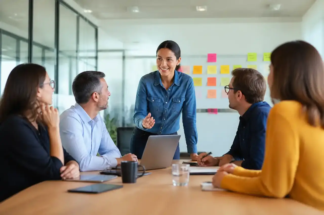 Équipe de professionnels collaborant autour d'un tableau en verre dans un bureau lumineux